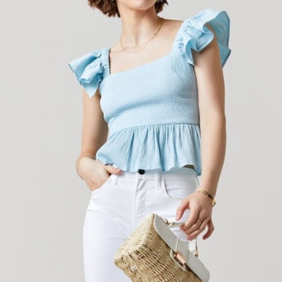Anisa Peplum Jessie Bow Back Blouse in Light Blue by Francesca’s - Picture 8 of 16